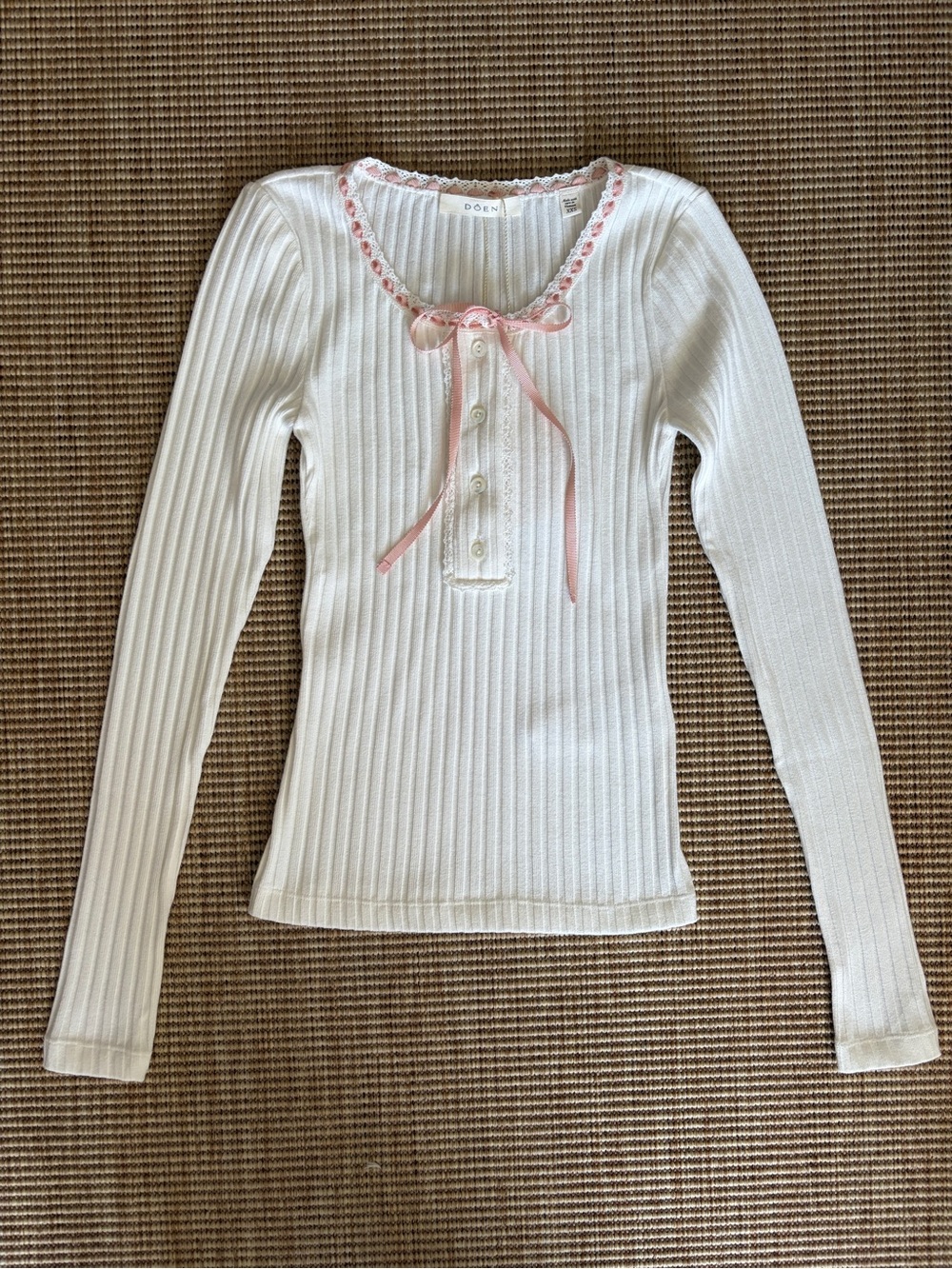 NWT Doen Lidie Cotton Bow Ribbon Lace Button Henley Tee Top Salt White Pink